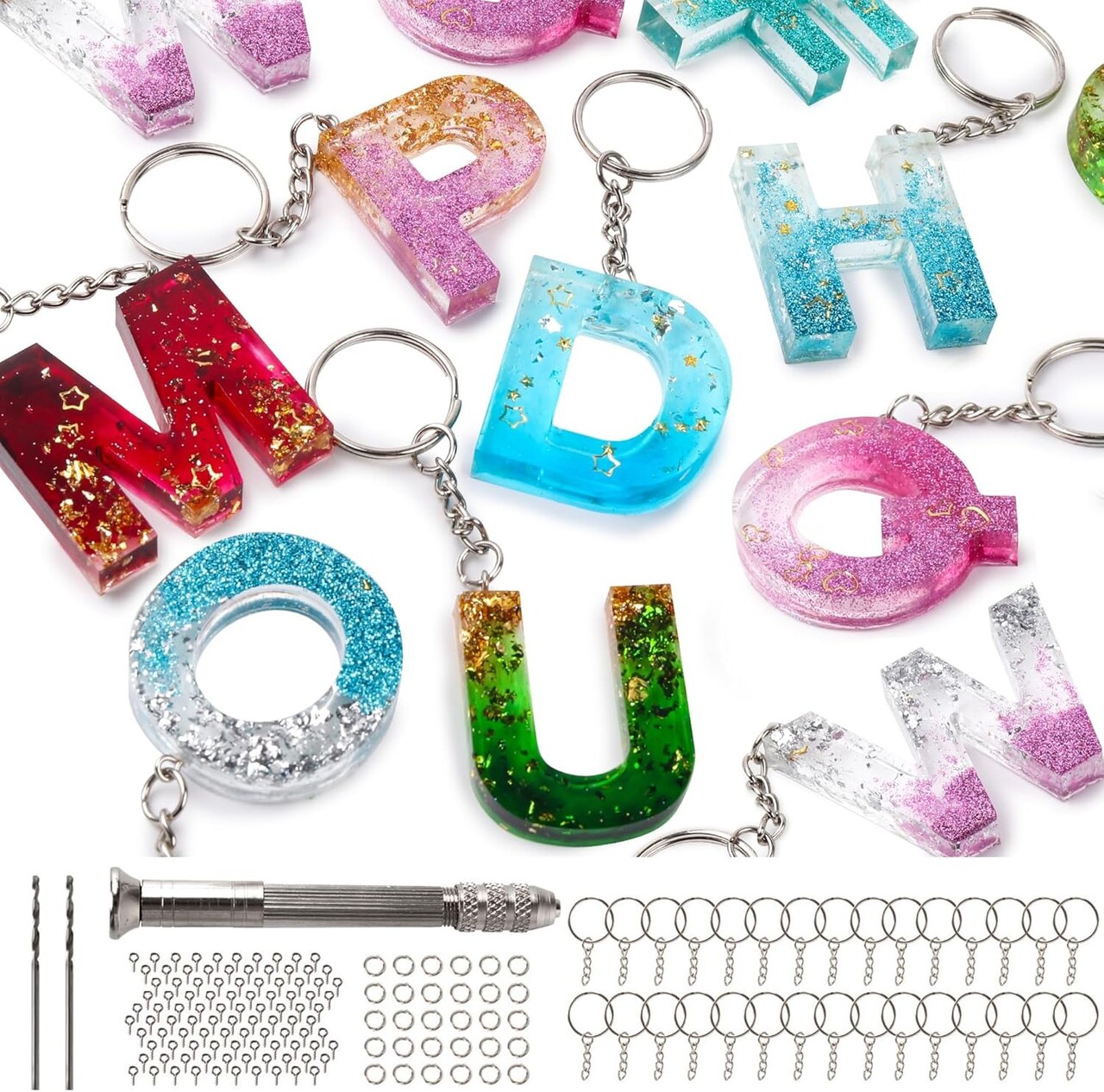 134 Pcs Alphabet Keychain Resin Mold Kit Silicone Letter and Number Molds with Drill Key Rings and Screw Pins
